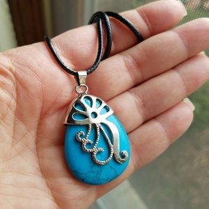 Large Turquoise Teardrop Pendant on Black Cord Choker Necklace NEW